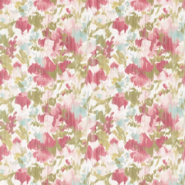 Painterly floral fabric with raspberry pink, olive and pale aqua blossoms