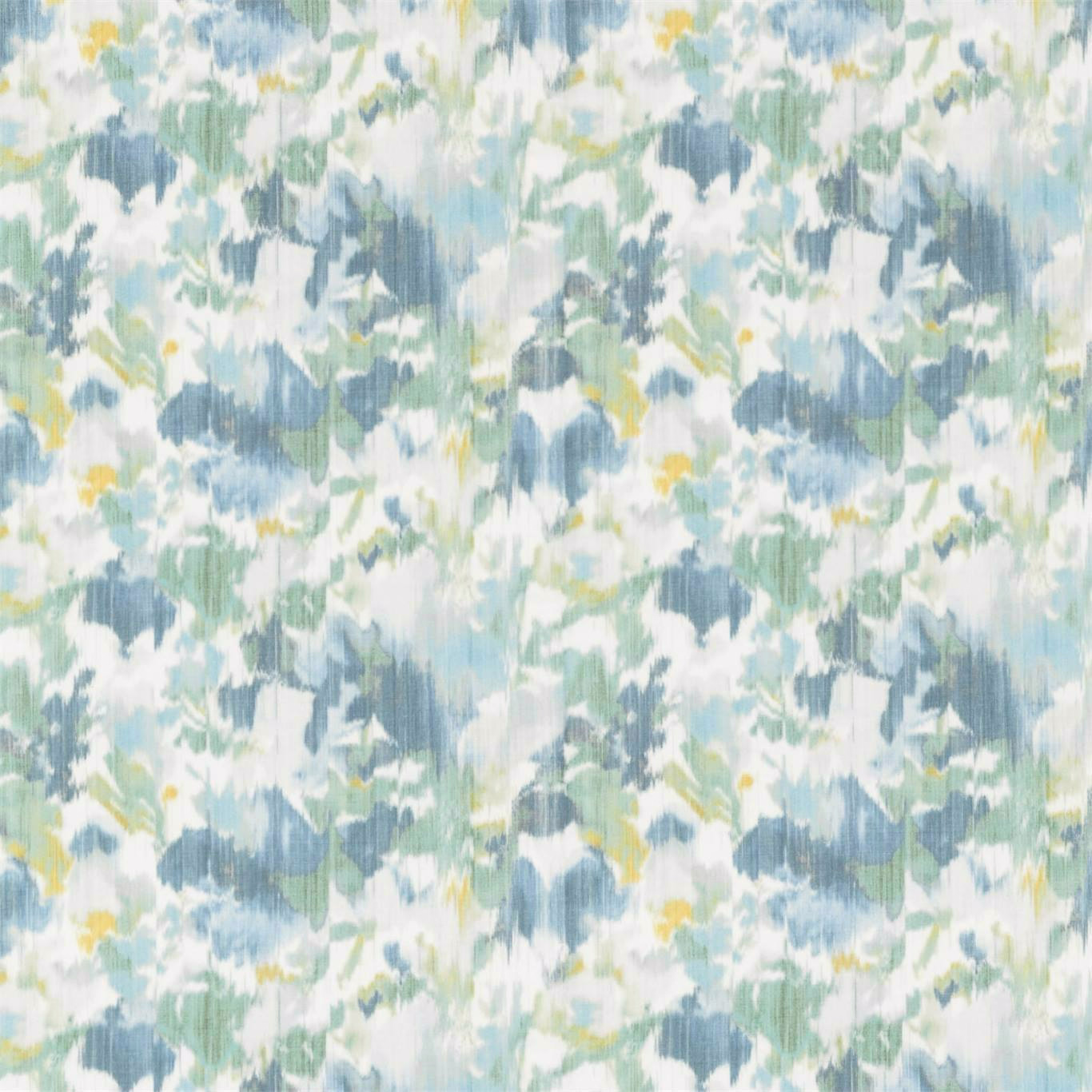 Painterly teal and indigo floral fabric with mint, white and yellow accents
