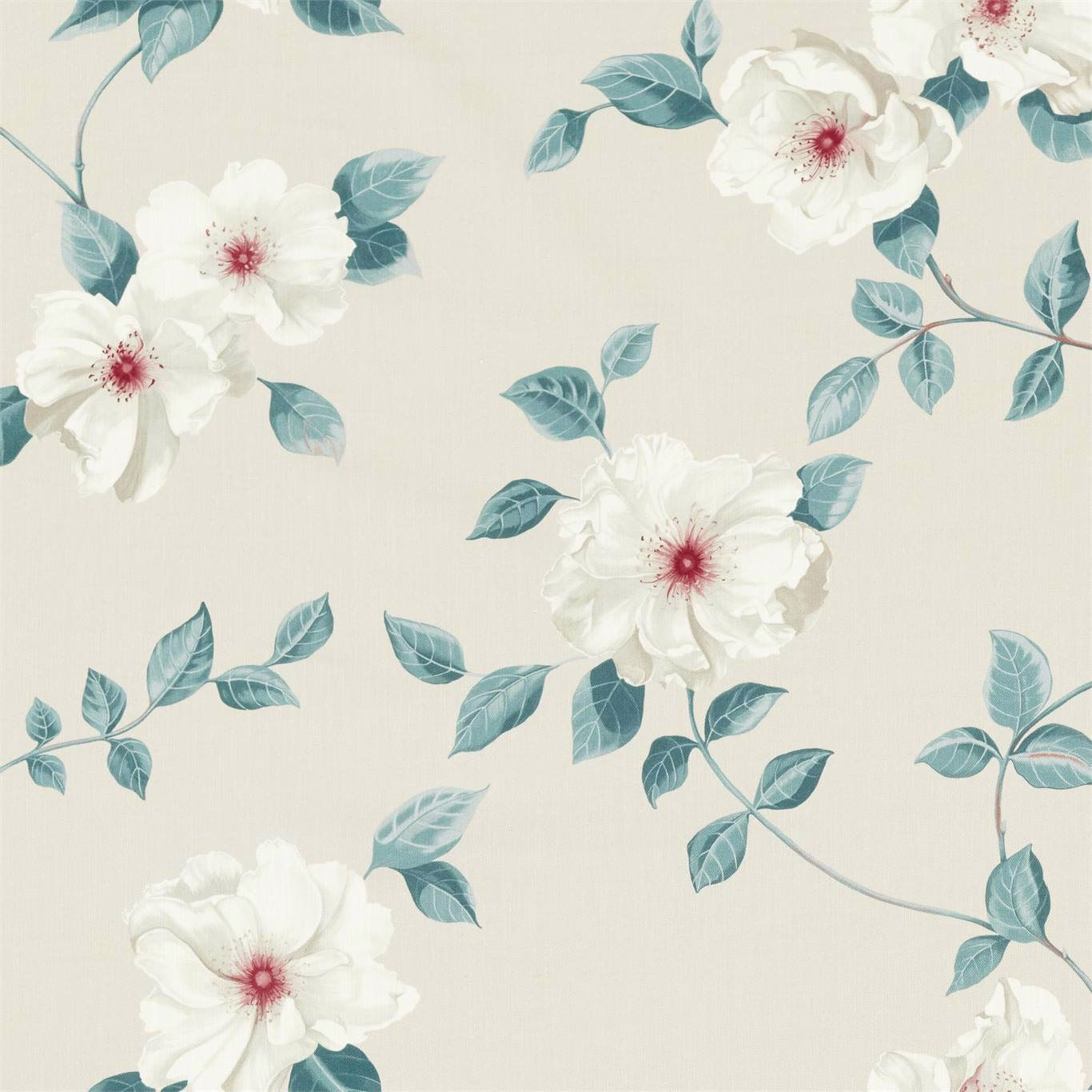 Cream floral fabric with white blossoms, blush centres and teal leaves