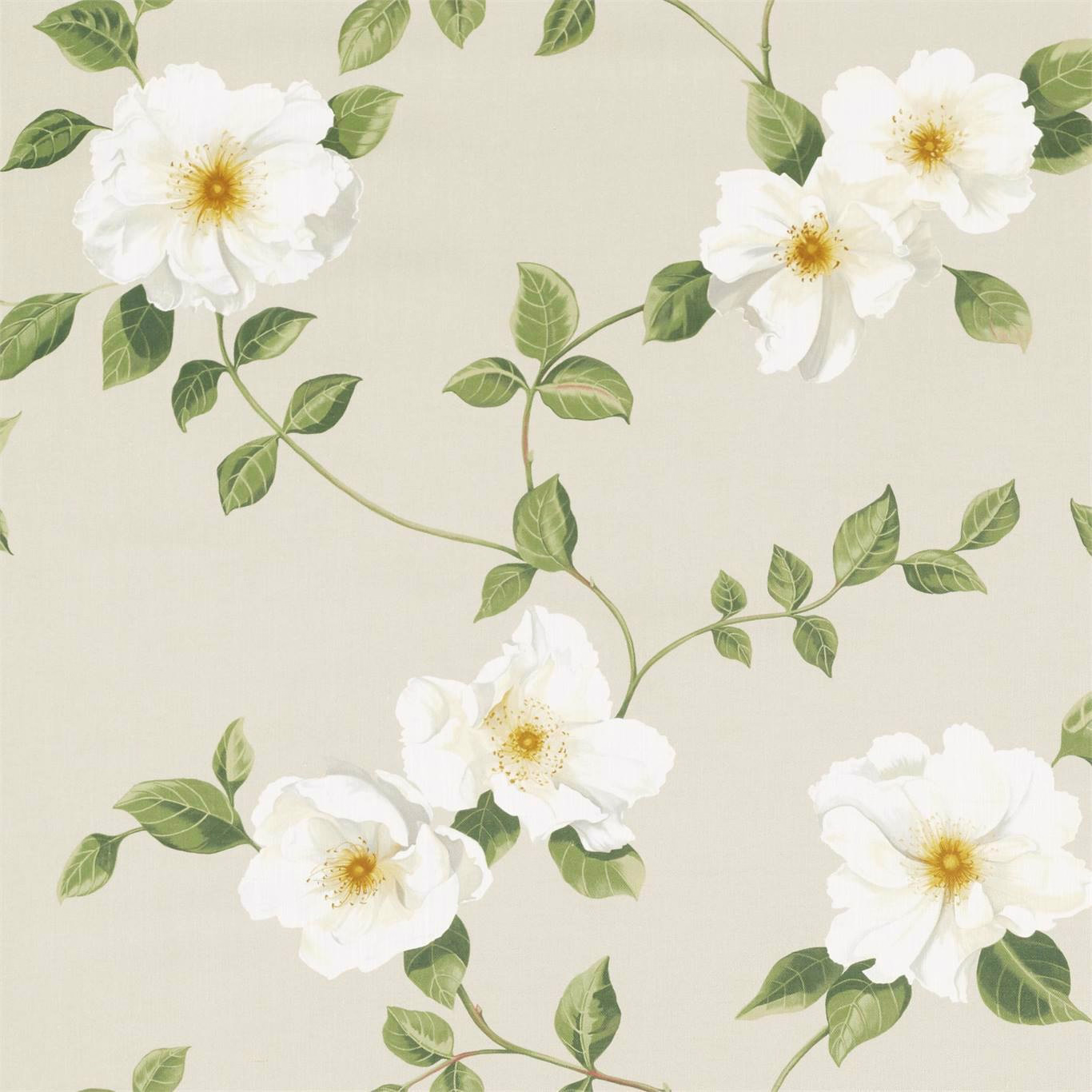 White rose print with green leaves on a soft rose-cream fabric ground
