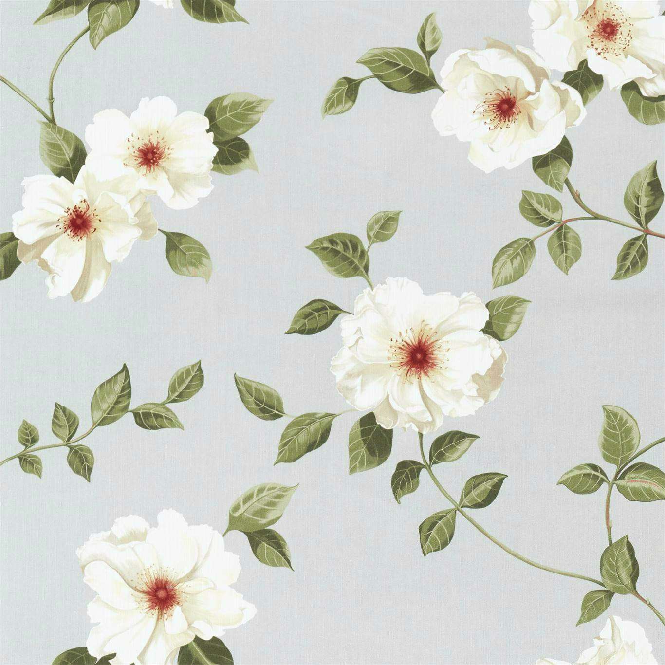 Large white flowers and olive leaves on a soft misty grey floral fabric