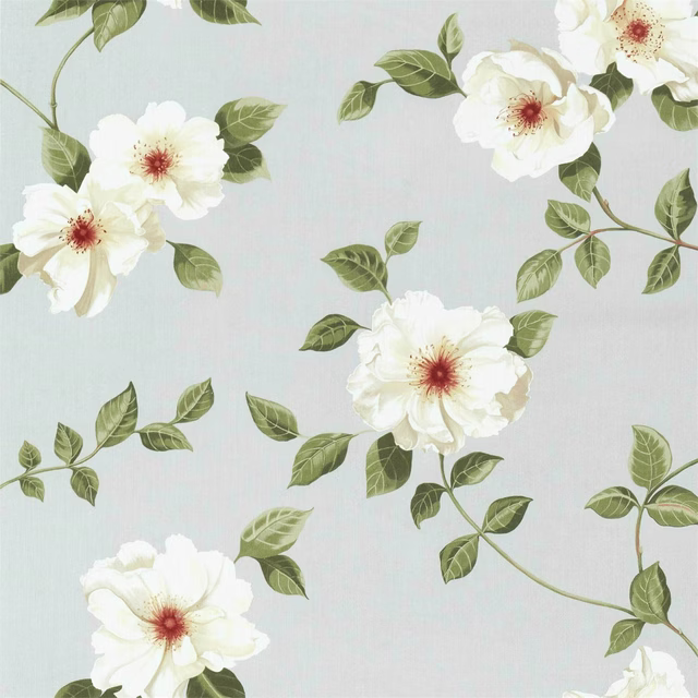 Large white flowers and olive leaves on a soft misty grey floral fabric