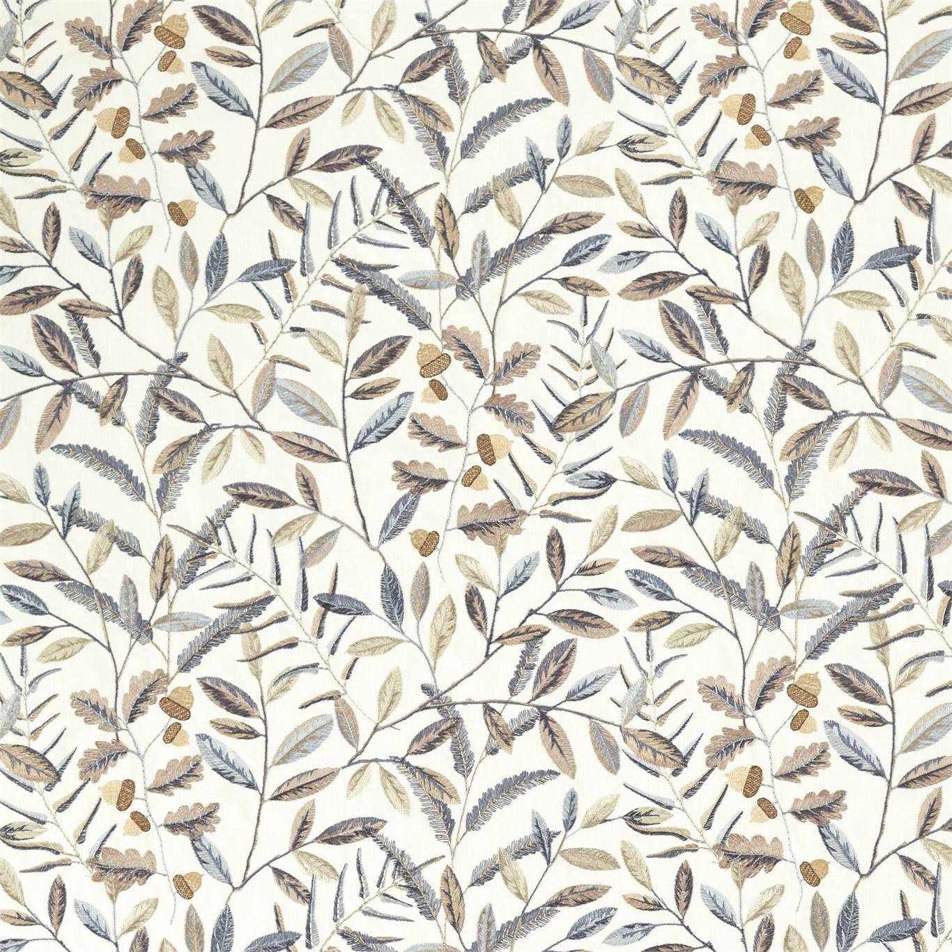 Pale botanical fabric with steel blue and taupe leaves and acorns