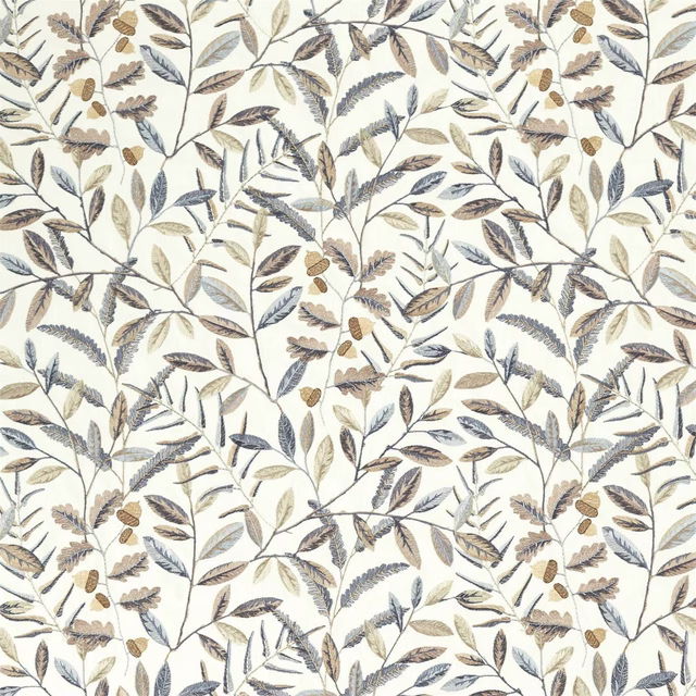 Pale botanical fabric with steel blue and taupe leaves and acorns