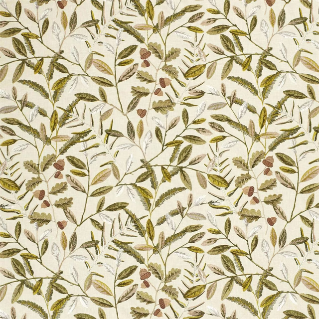 Cream-ground botanical fabric with olive leaves, sage stems and small russet acorns