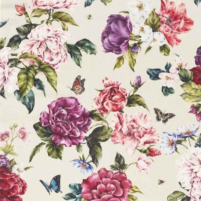 Large painterly peonies in fuchsia, rose and plum on ivory ground