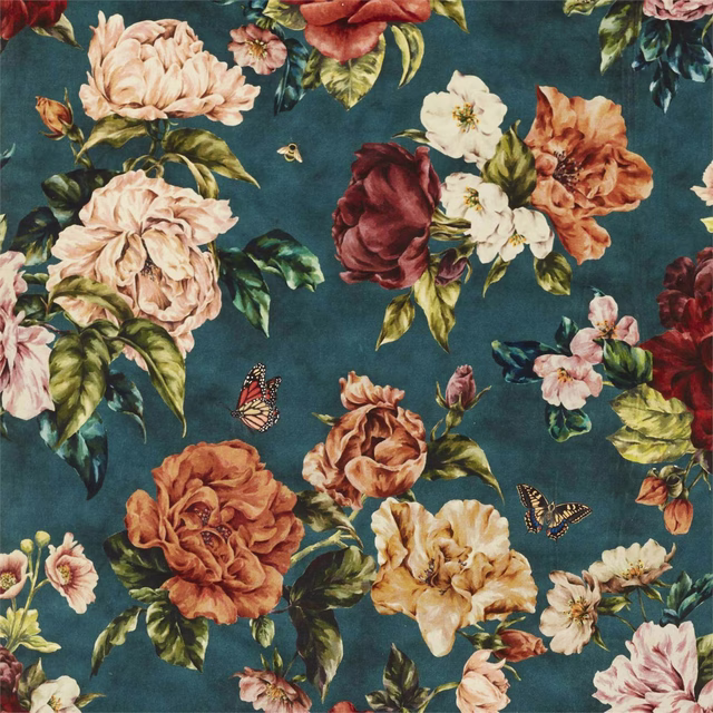 Large painterly peonies and butterflies on a deep teal floral fabric