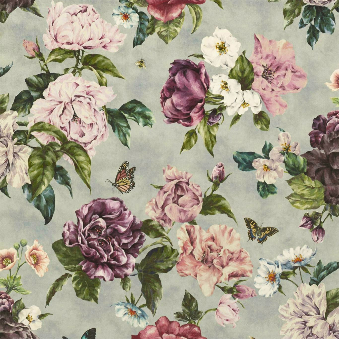 Printed floral fabric with blush, plum and cream peonies on a soft sage ground
