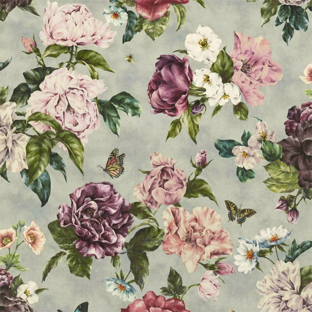 Printed floral fabric with blush, plum and cream peonies on a soft sage ground