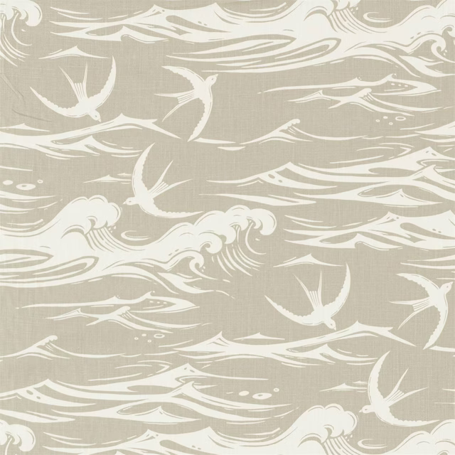 Pale beige linen-look fabric with white swallows and sweeping wave motifs