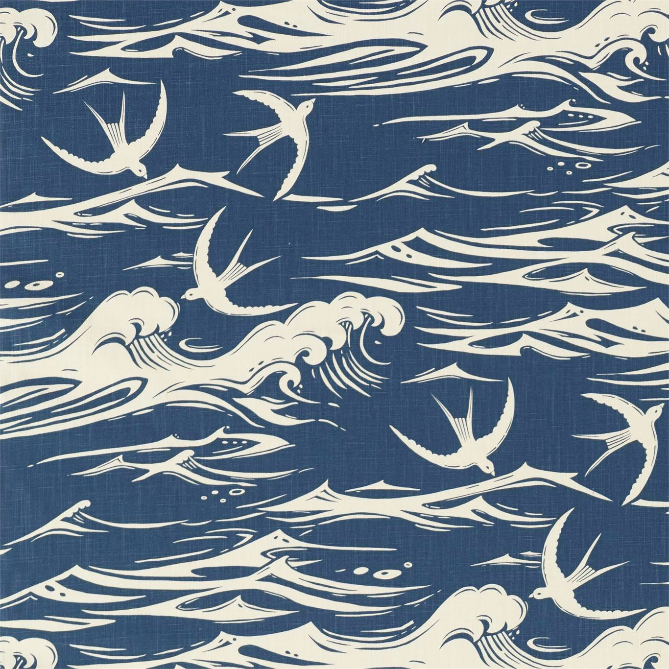 Navy fabric with cream swallows and sweeping wave motif