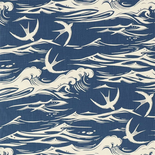 Navy fabric with cream swallows and sweeping wave motif