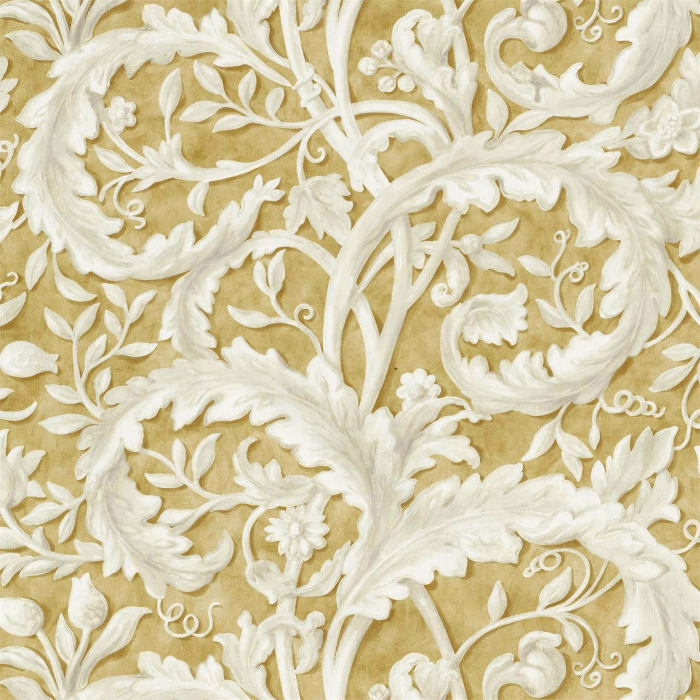 Large ivory damask scrolls on a soft lime-gold fabric ground