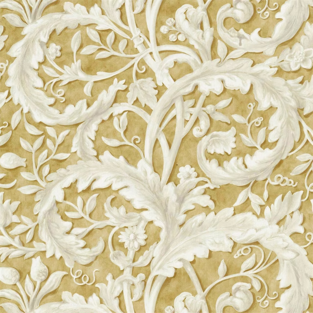 Large ivory damask scrolls on a soft lime-gold fabric ground