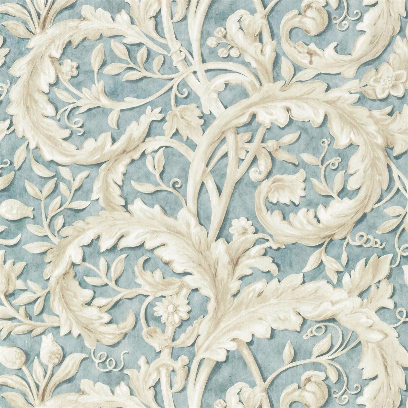 Soft teal floral fabric with cream scrolling leaves and raised woven detail