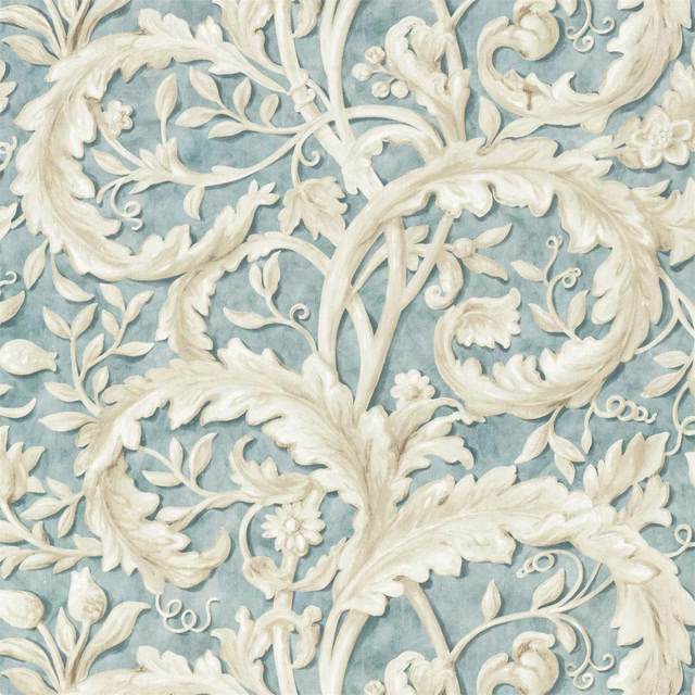 Soft teal floral fabric with cream scrolling leaves and raised woven detail