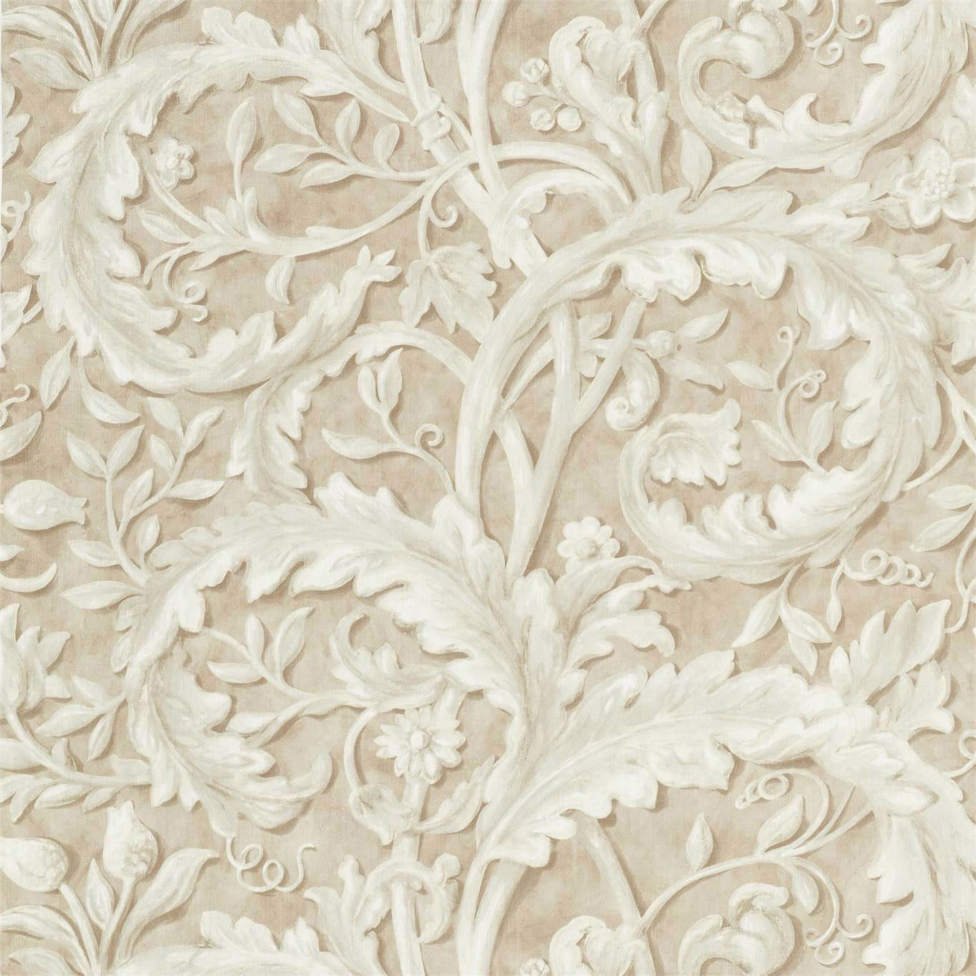 Pale stone-cream damask fabric with raised scrolling leaves and floral vines