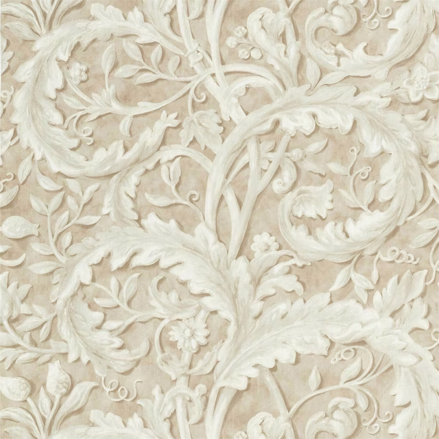 Pale stone-cream damask fabric with raised scrolling leaves and floral vines