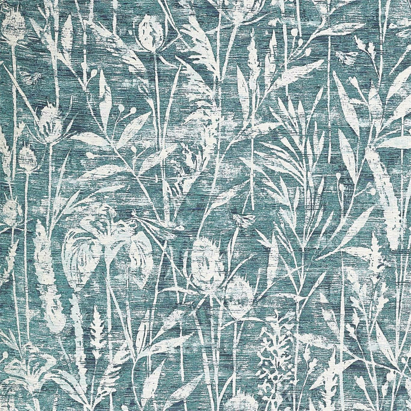Botanical fabric swatch with ivory leaves and stems on a cool cobalt teal ground