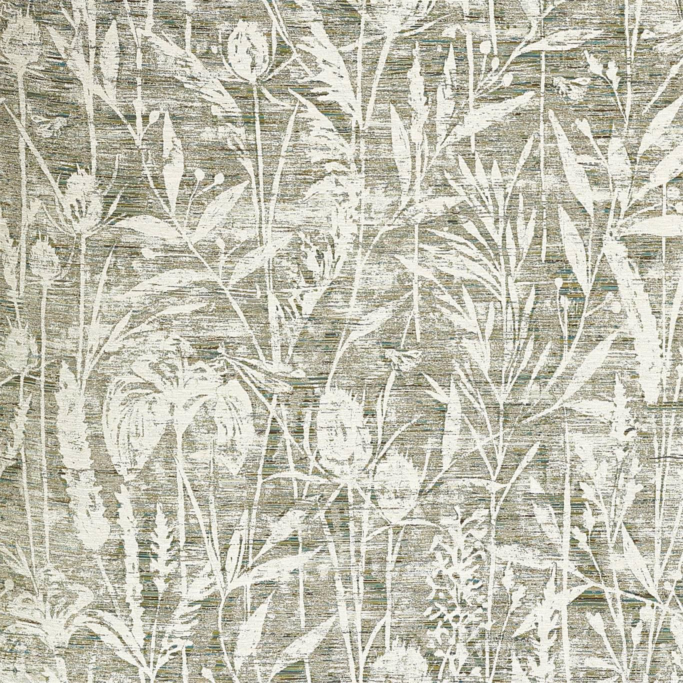Moss green botanical fabric with pale grasses and leafy stems