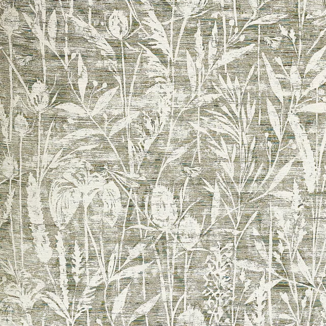 Moss green botanical fabric with pale grasses and leafy stems