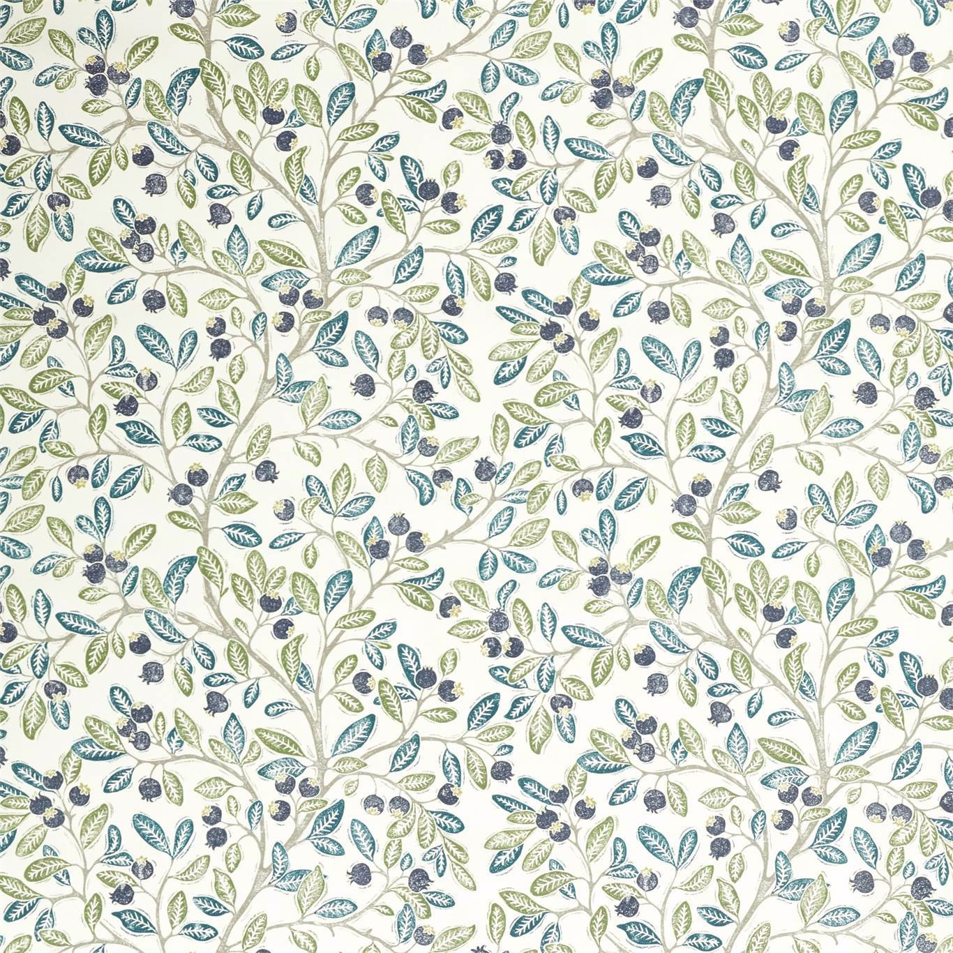 Blueberry and sage berry trail on an ivory ground, botanical fabric swatch