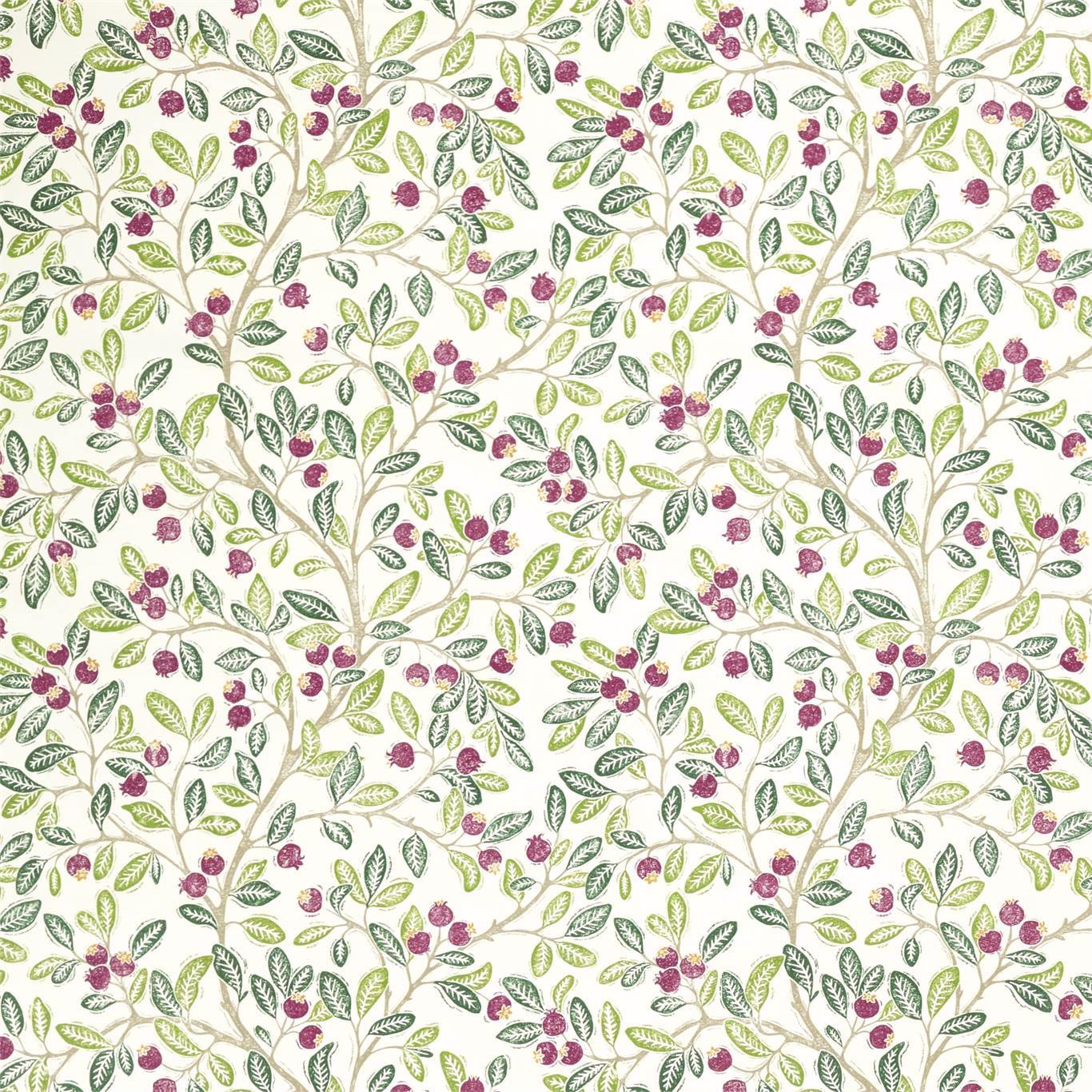 Cream botanical fabric with sage leaves and mulberry berry clusters