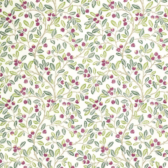 Cream botanical fabric with sage leaves and mulberry berry clusters