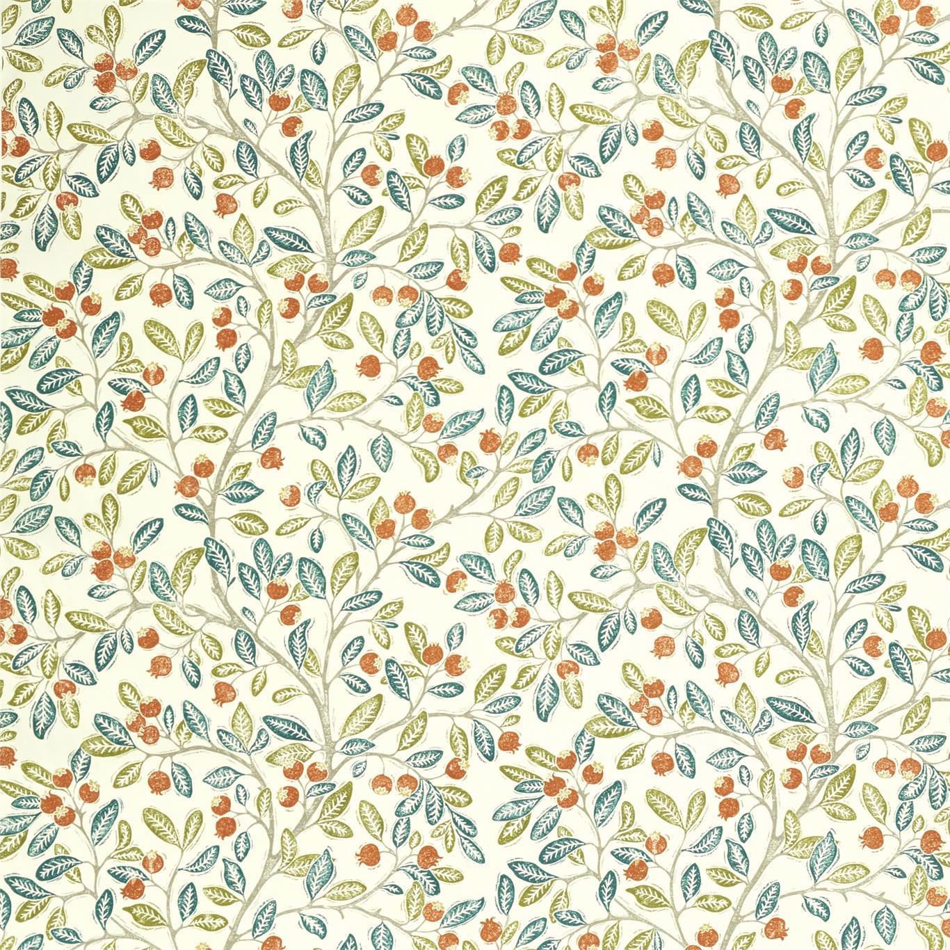 Cream botanical fabric with teal leaves, olive sprigs and rust berries