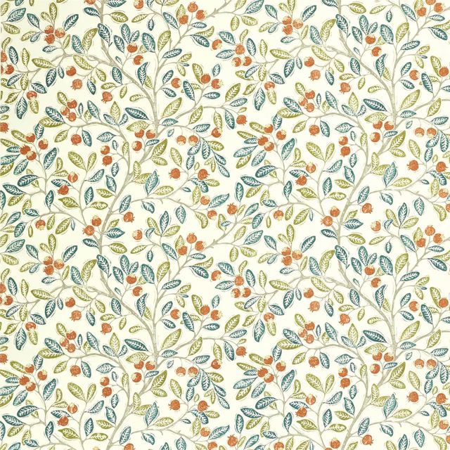 Cream botanical fabric with teal leaves, olive sprigs and rust berries
