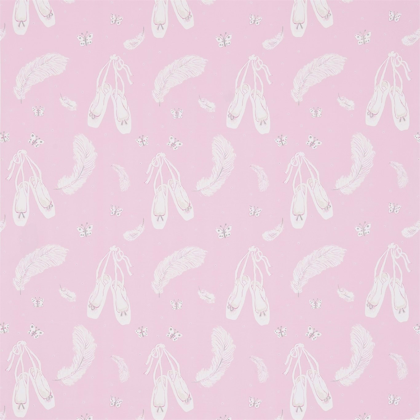 Soft pink fabric with white ballet slippers, feathers and tiny butterflies