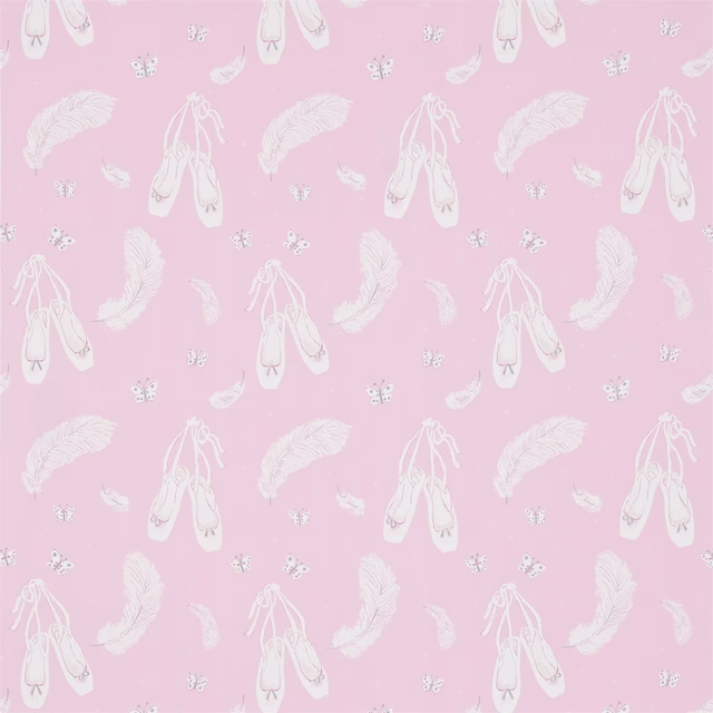 Soft pink fabric with white ballet slippers, feathers and tiny butterflies