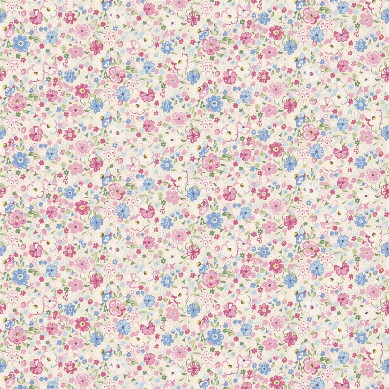 Cream floral chintz swatch with pink, blue and green tiny blossoms