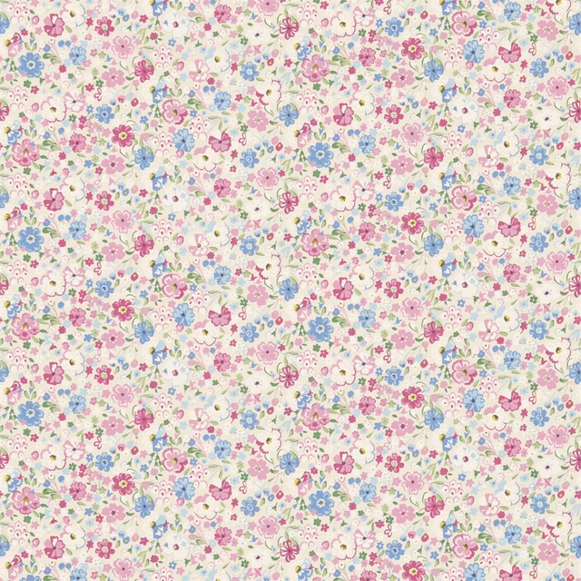 Cream floral chintz swatch with pink, blue and green tiny blossoms