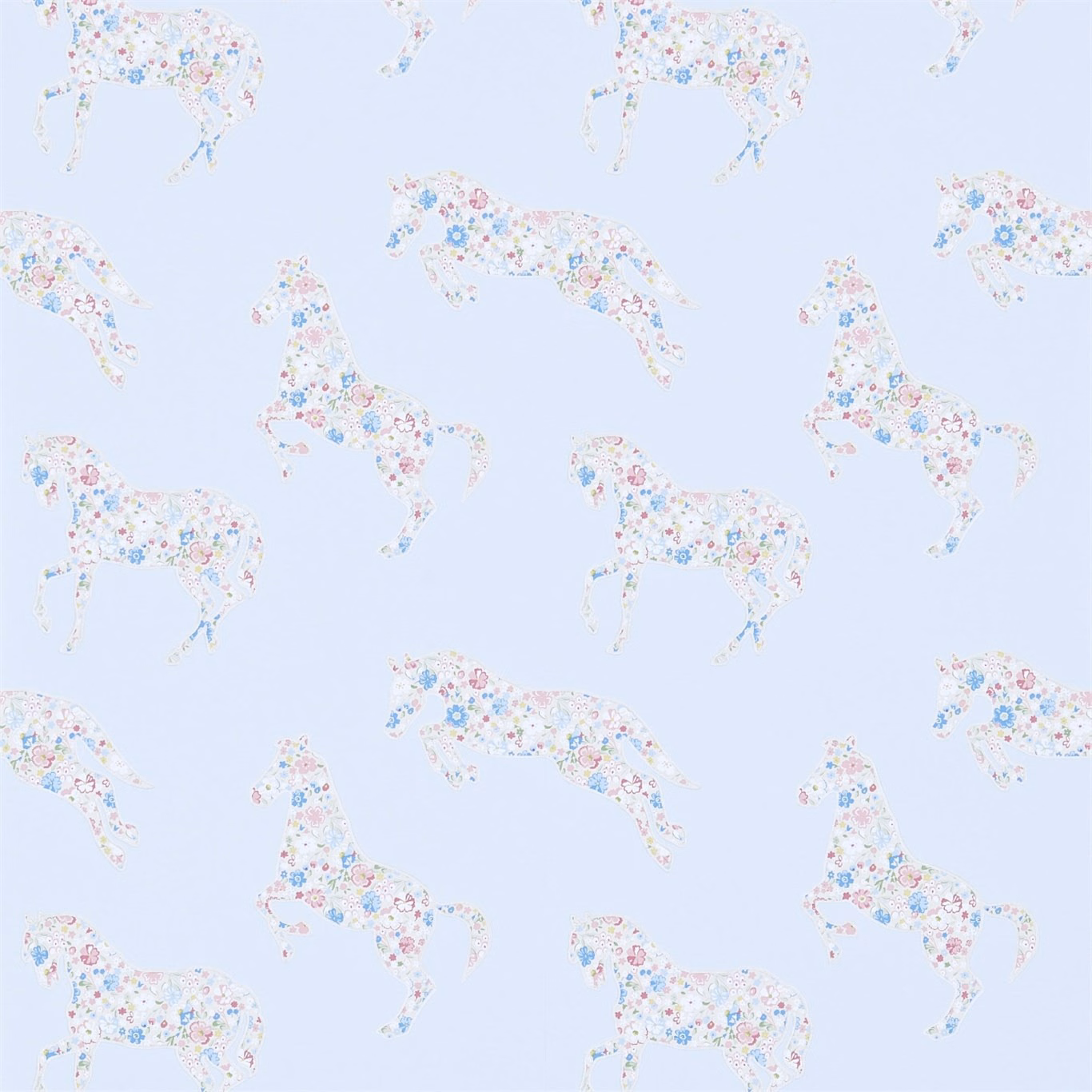 Pale powder-blue wallpaper with pastel floral ponies in a repeating horse motif