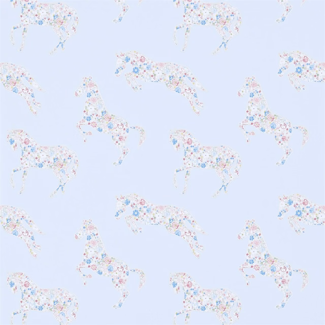 Pale powder-blue wallpaper with pastel floral ponies in a repeating horse motif