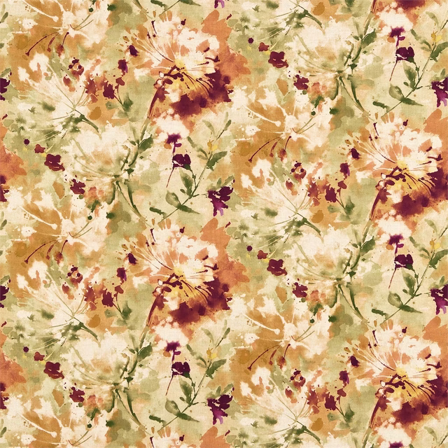 Painterly floral fabric in copper, cream, sage green and plum on a warm ground