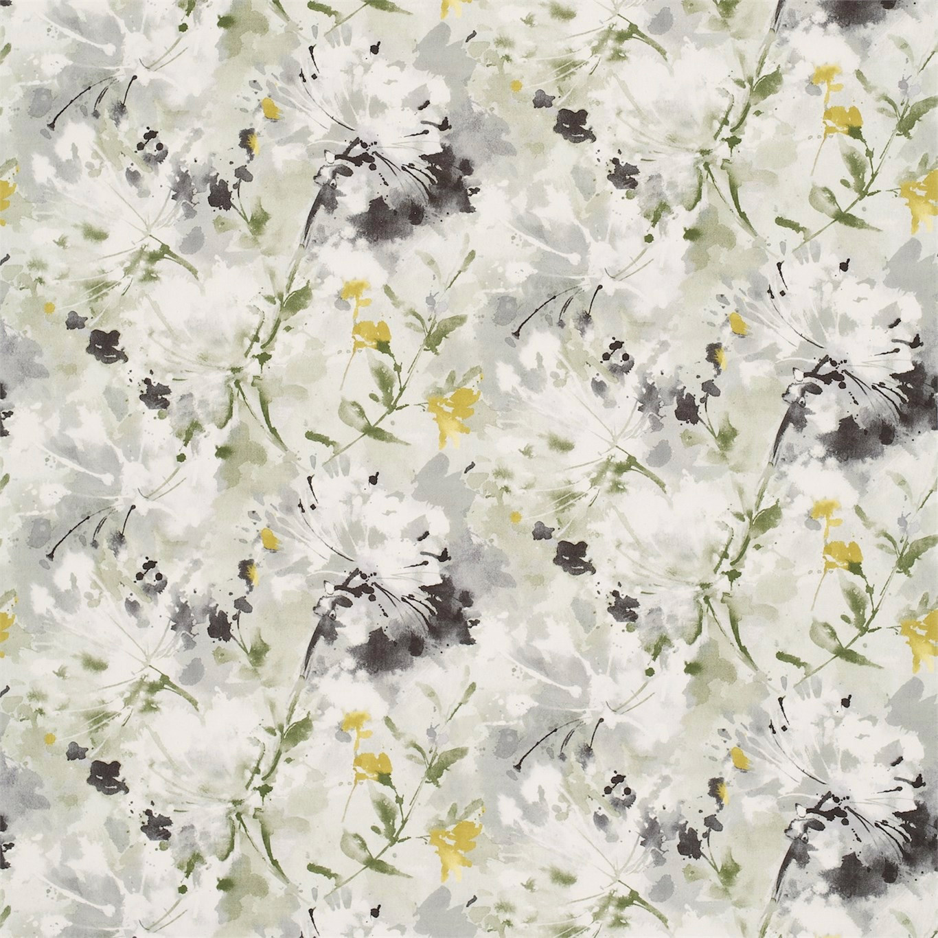 Pearl grey botanical fabric with soft sage, yellow and charcoal brush marks