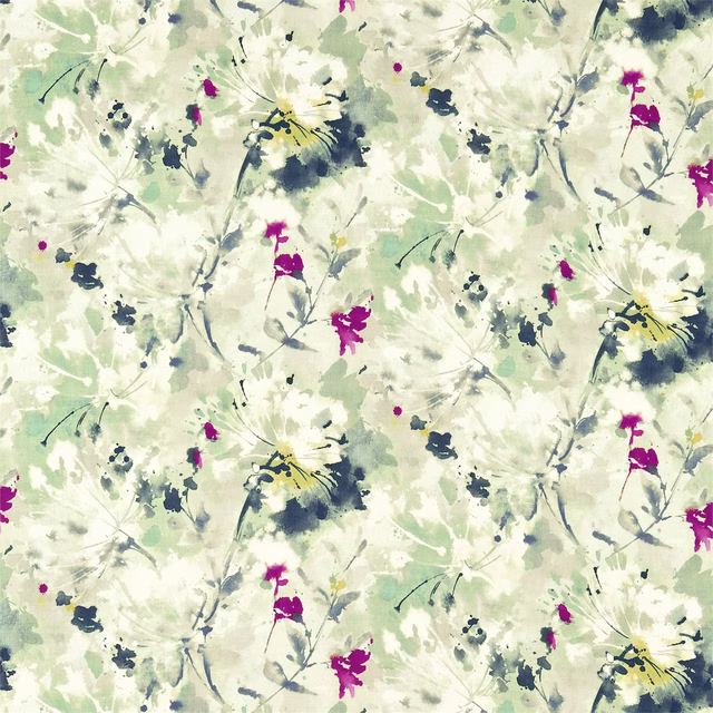 Painterly floral fabric with sage green ground, navy brush marks and magenta accents