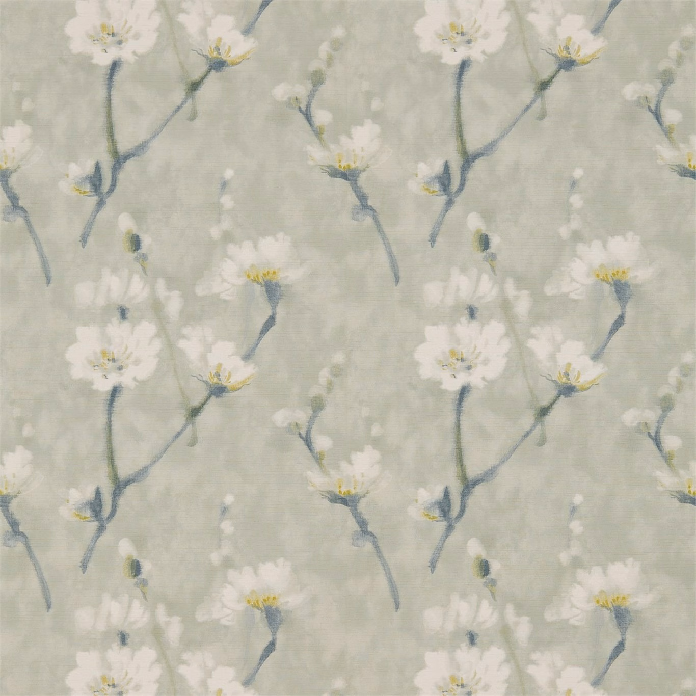 Grey pearl wallpaper with white blossoms, blue-grey stems and soft sage ground