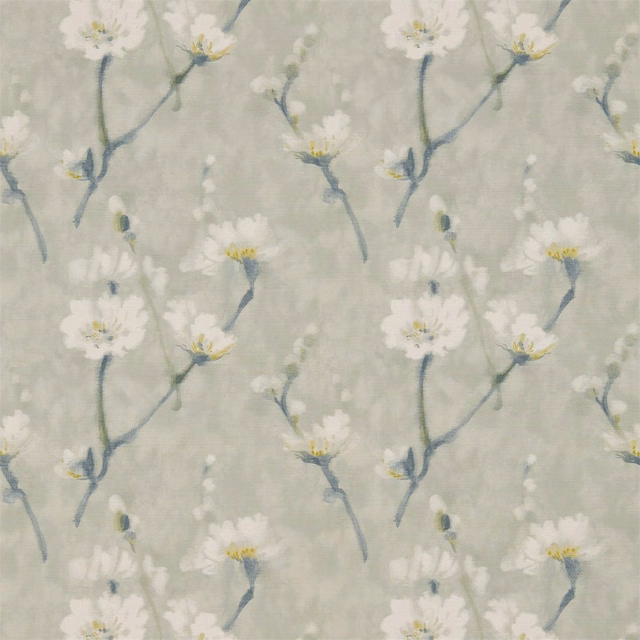Grey pearl wallpaper with white blossoms, blue-grey stems and soft sage ground