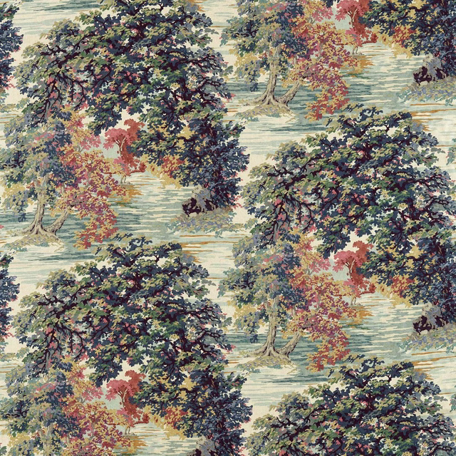 Large woodland tree motif in deep forest green, plum and rust on a pale ground