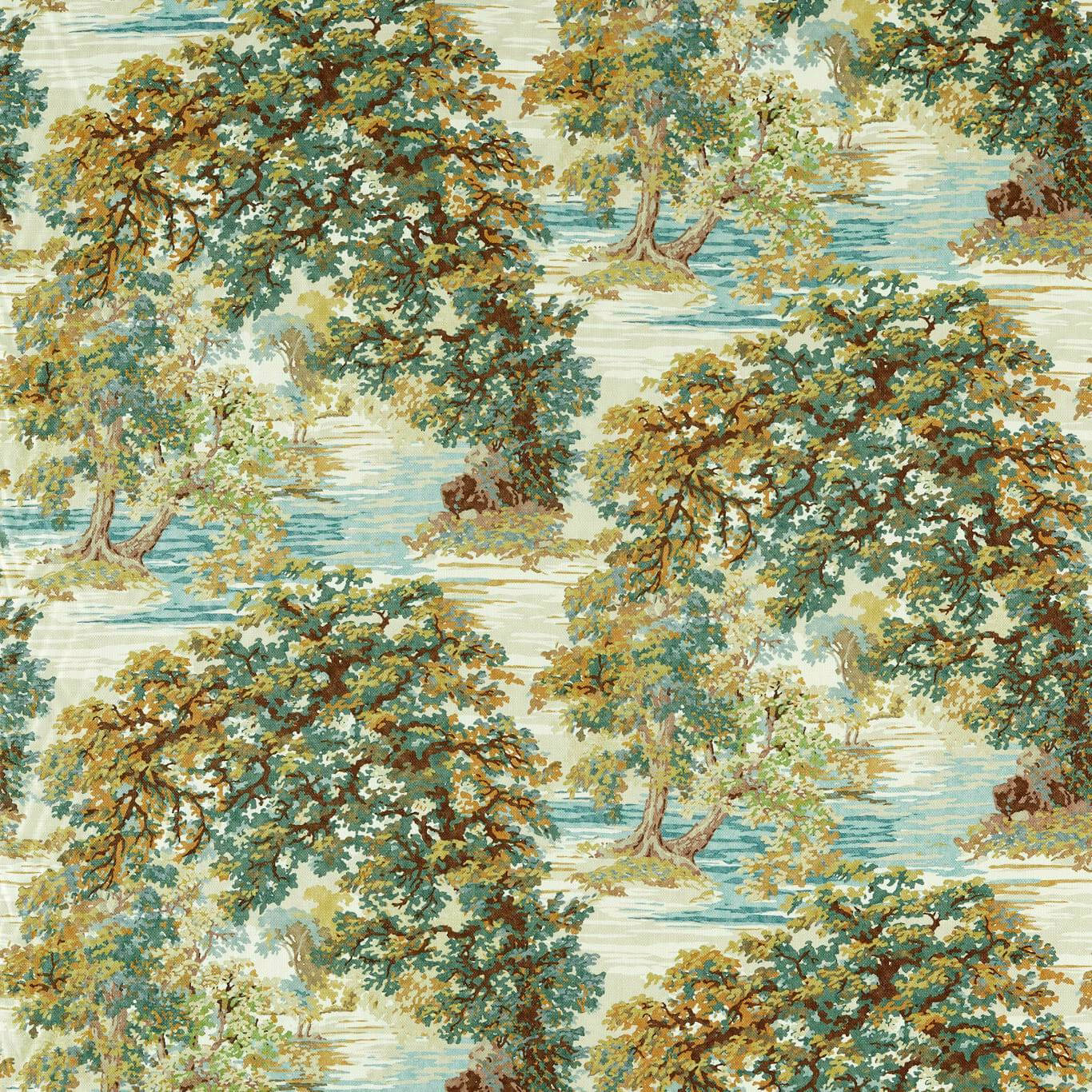 Painterly woodland fabric with mossy trees and pale aqua water