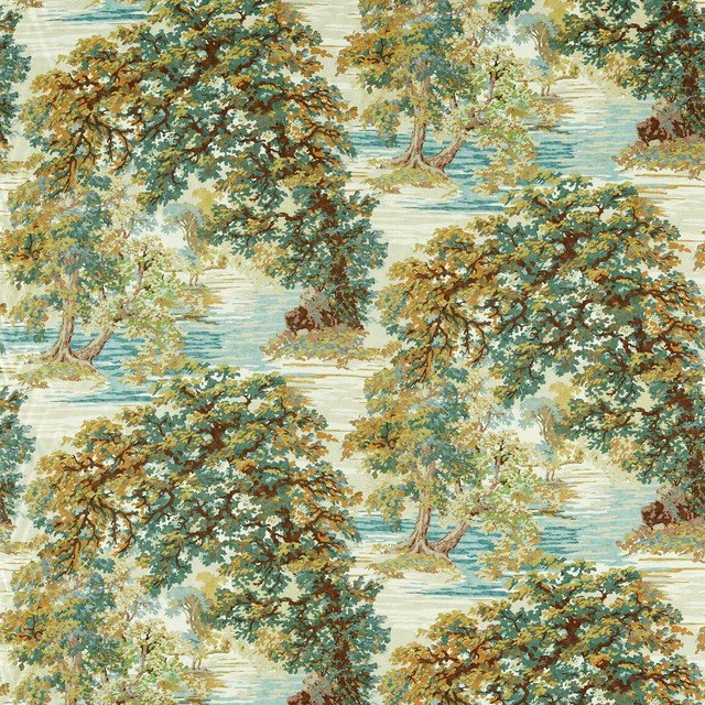 Painterly woodland fabric with mossy trees and pale aqua water