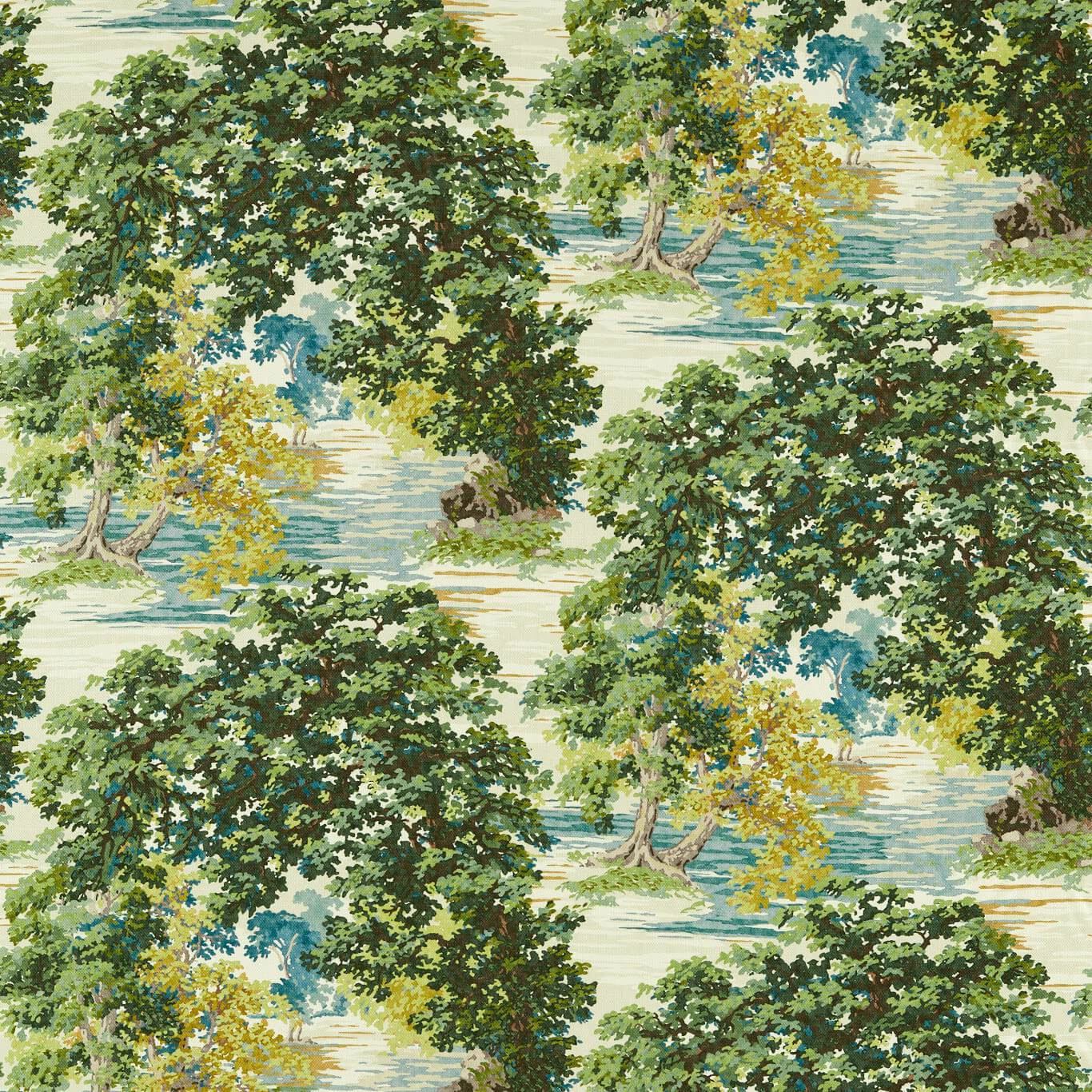 Large woodland print with deep green tree canopies on a pale ground
