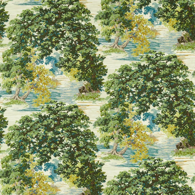 Large woodland print with deep green tree canopies on a pale ground