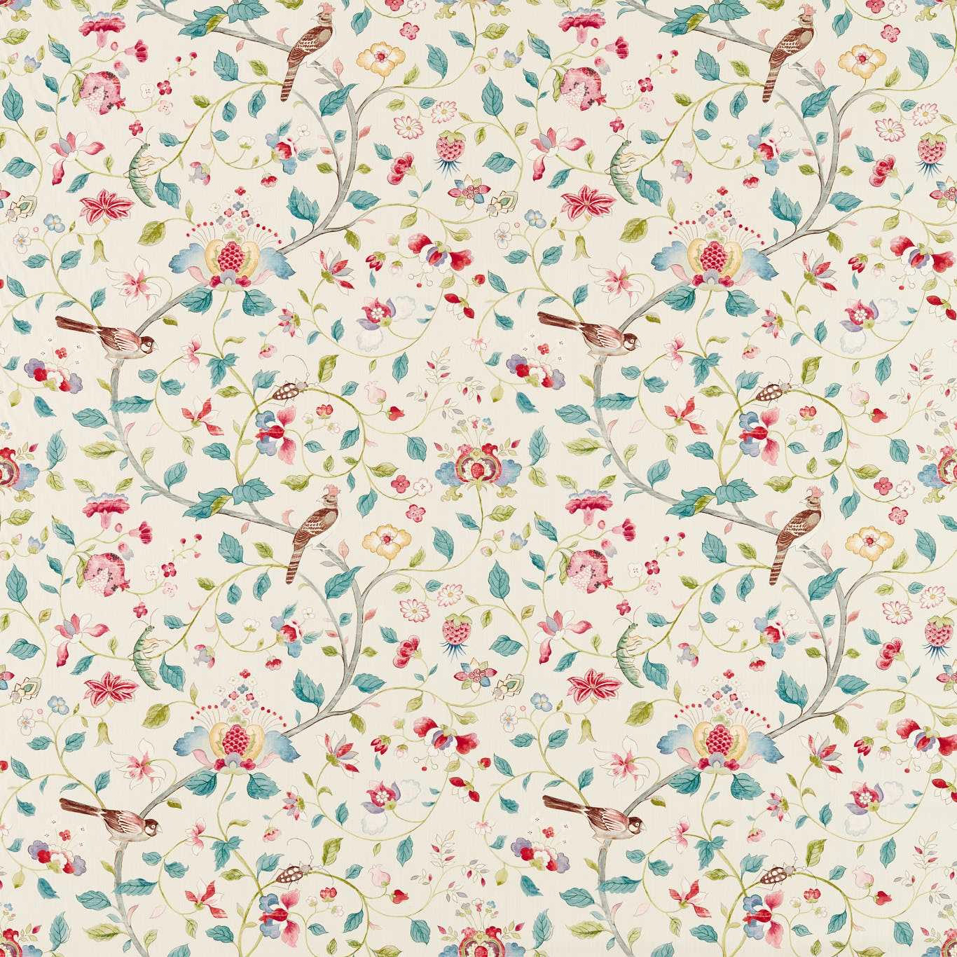 Cream floral fabric with turquoise leaves, pink blossoms and birds