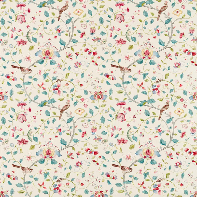 Cream floral fabric with turquoise leaves, pink blossoms and birds