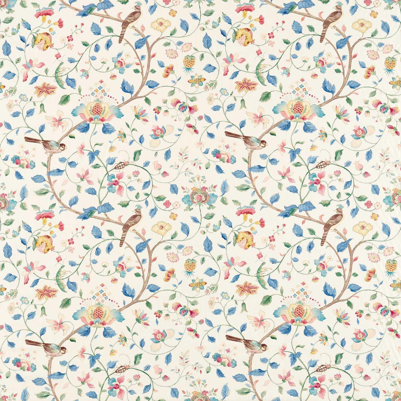 Cream botanical fabric with indigo vines, small birds and red floral accents