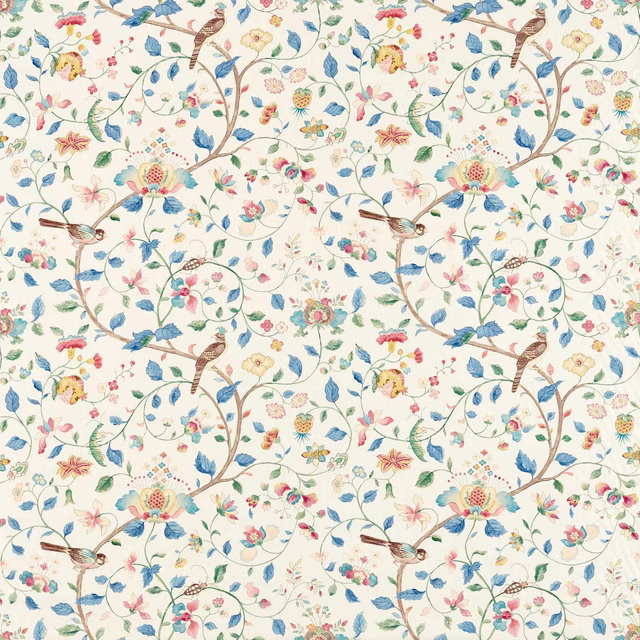Cream botanical fabric with indigo vines, small birds and red floral accents